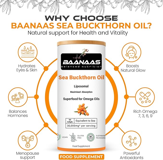LIPOSOMAL Sea Buckthorn Oil Capsules 30,000mg | 180 Count | High Strength Vegan Supplement | Source of Omega 7 Essential Fatty Acids | No Artificial Preservatives | by Baanaas