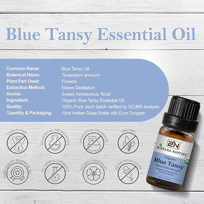 Blue Tansy Essential Oil, USDA Certified Organic, 100% Pure Undiluted, Aromatherapy Oil for Diffuser, Hair & Skin Care