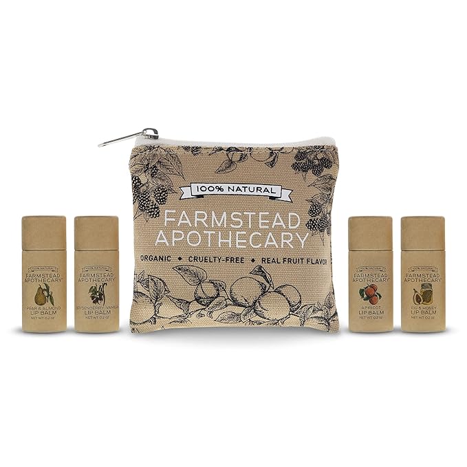 Farmstead Apothecary Lip Balm Gift Set with Pouch - Reusable Pouch Includes 4 -.2 oz Lip Balms - Boysenberry Vanilla, Fig & Honey, Pear & Almond , Apricot ,1 each. 100 % Natural, 99% Organic