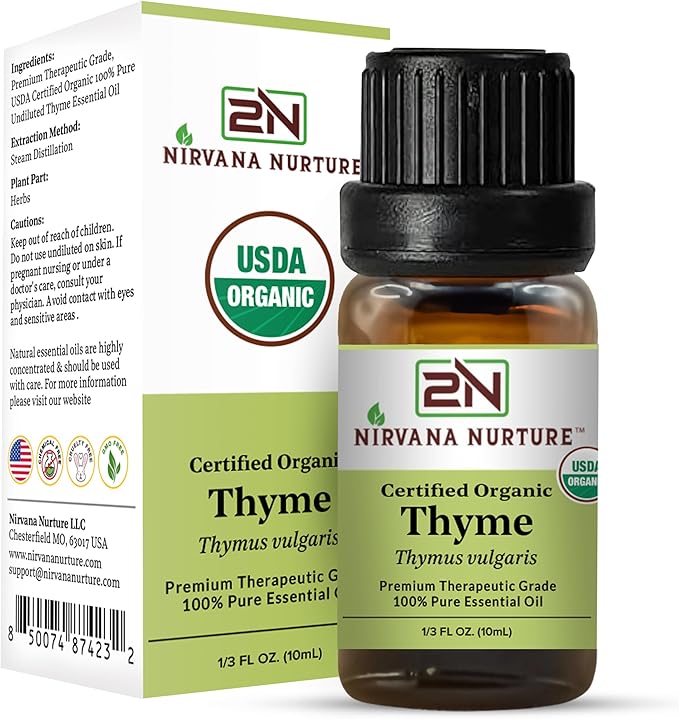 Thyme Essential Oil, USDA Certified Organic, 100% Pure Undiluted, Aromatherapy Oil for Diffuser, Hair & Skin Care