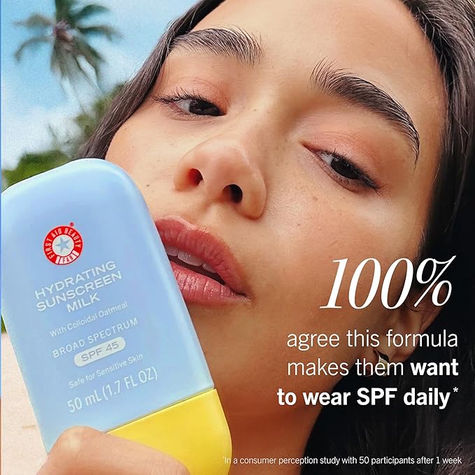 First Aid Beauty - Hydrating Sunscreen Milk with Colloidal Oatmeal, Broad Spectrum SPF 45, Non-comedogenic SPF Formula Helps Nourish Skin with Organic UV Filters & Glycerin, 24-hour Hydration, 1.7 oz
