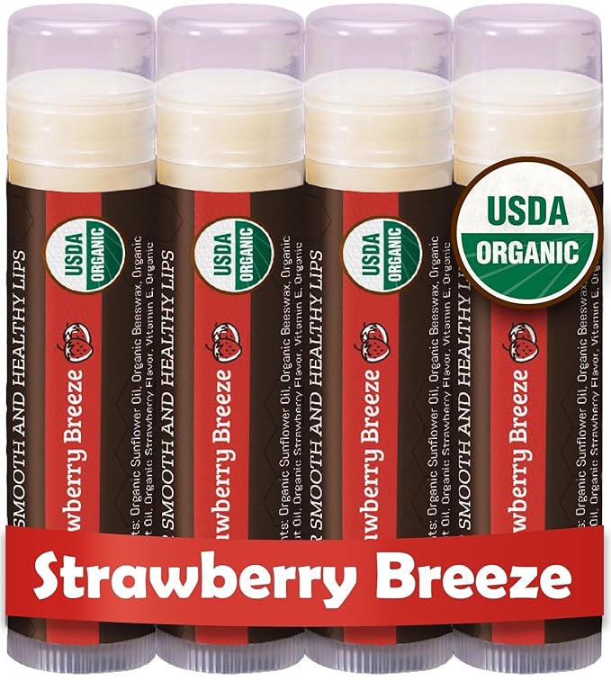 Earth's Daughter USDA Organic Lip Balm 4-Pack Strawberry flavor - Beeswax, Coconut Oil, Vitamin E - Best Lip Repair Chapstick for Dry Cracked Lips.