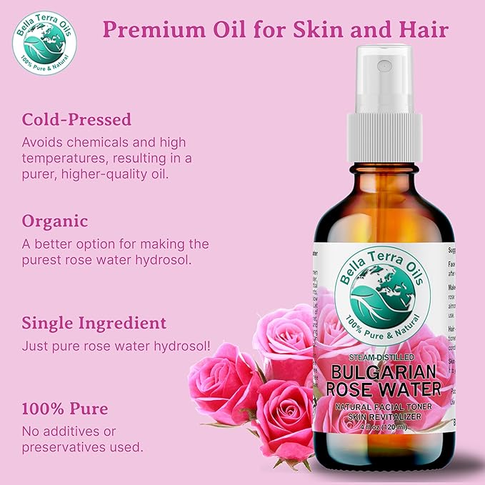 Bella Terra Oils - Organic Rose Water Spray 8 oz - Unveiling the Hydrosol of Roses, Nourishing Face and Hair, Rich in Rose Antioxidants