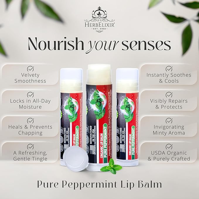 Organic Lip Balm Chapstick Bulk 3 Pack – Peppermint – Natural Beeswax Lip Balm – Moisturizer for Very Dry, Chapped Lips