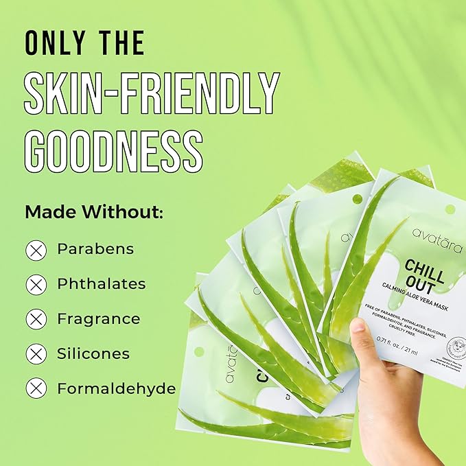 Avatara Chill Out Facial Mask 5 Sheets, Hydrating Mask, Sheet Masks, Face Mask Skincare Beauty Essential Made with Hydrating Hyaluronic Acid & Moisturizing Aloe, for Stressed-Out Skin, 5 Pack