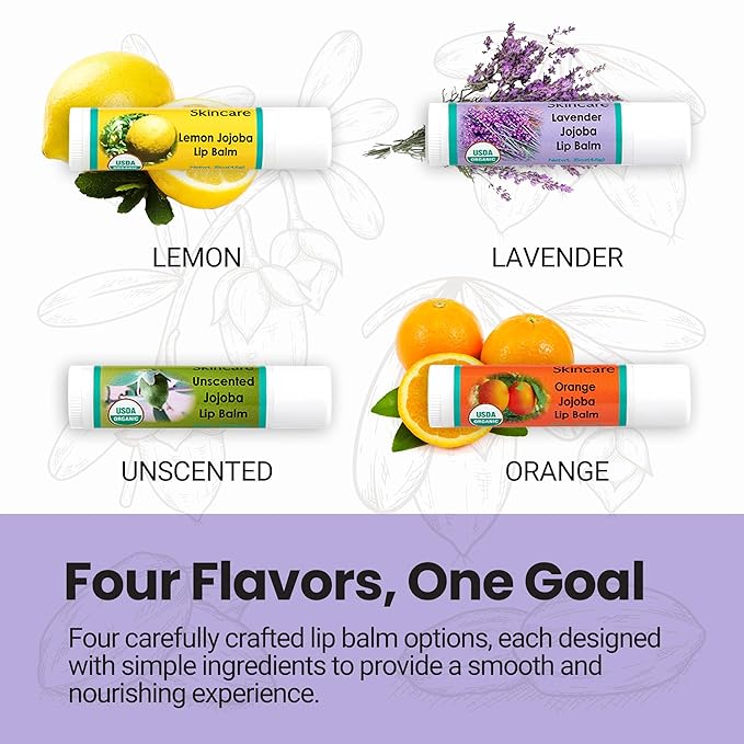 | USDA Organic Lavender Lip Balm – 70% Jojoba Oil with Beeswax – Natural Lavender Essential Oil – Softens, Conditions & Protects Dry Lips – 2-Pack (0.15 oz / 4.6 g Each)
