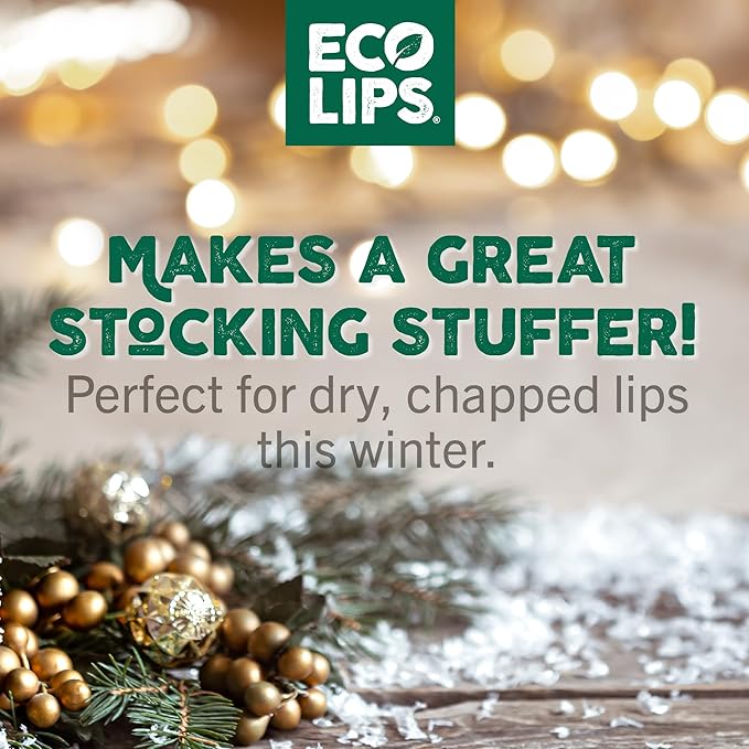 Eco Lips Organic Candy Cane Moisturizing Lip Balm - Organic Coconut Oil and Sunflower Wax - Soothe, Moisturize Dry, Cracked and Chapped Lips - 100% Plastic-Free Plant Pod Packaging - Made in USA