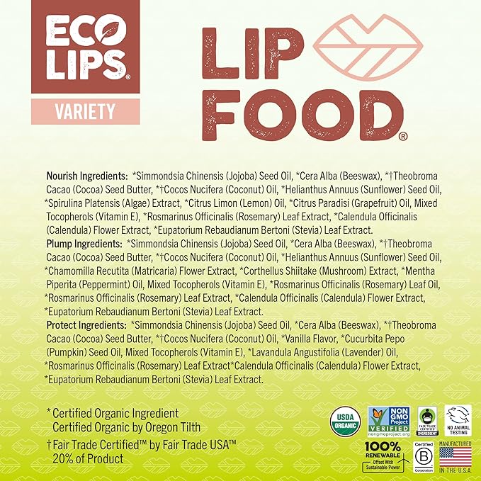 Eco Lips Lip Food - Nutrient Dense & Organic Lip Balm (Nourish, Plump and Protect) | Golden Jojoba, Cocoa Butter & Coconut Oil | Organic, Cruelty-Free Lip Care