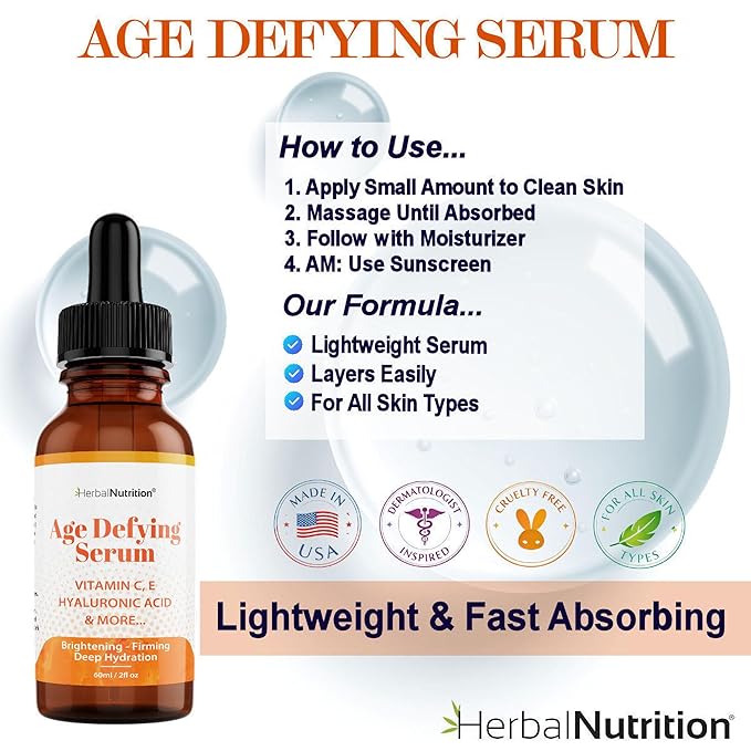 Age Defying Serum – Vitamin C & Hyaluronic Acid Facial Serum – Hydrating & Antioxidant Skincare with Aloe, Jojoba Oil & Botanical Extracts – 2 oz