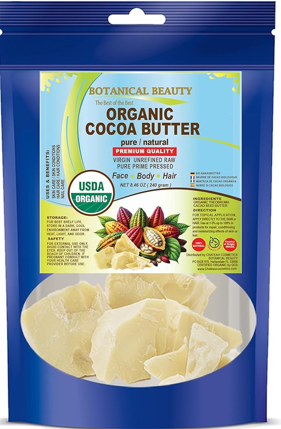 Botanical Beauty Organic COCOA BUTTER WILD GROWTH RAW VIRGIN UNREFINED from BRAZIL for Face, Skin, Hair, Body, Nails 8.46 oz 240 gram. Rich in Vitamin E