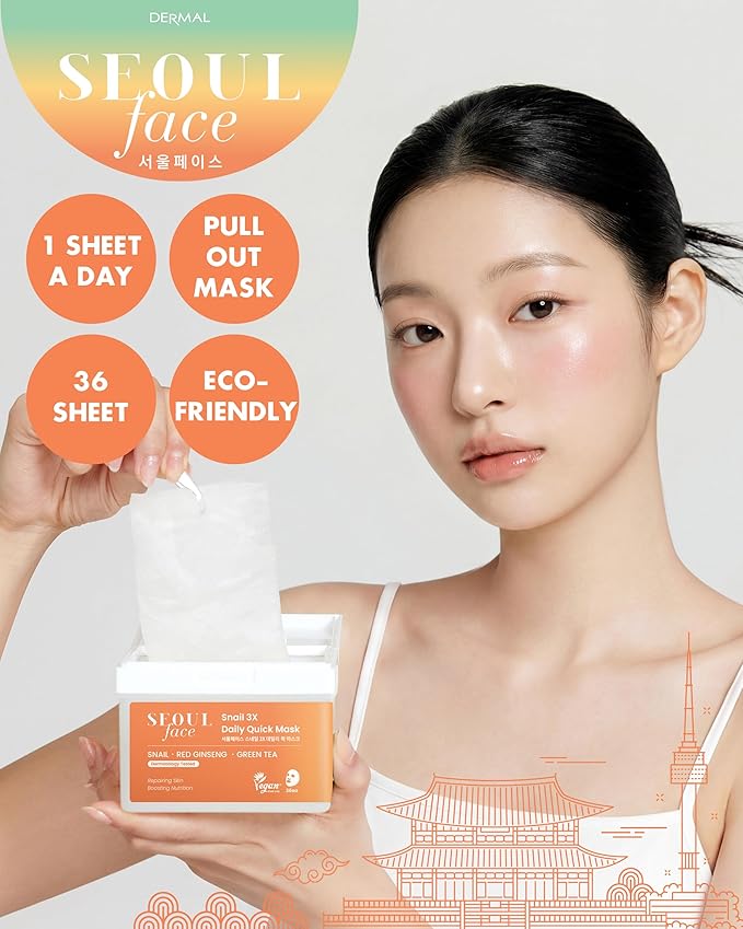 DERMAL Seoul Face Snail Mucin 5-Min Quick Sheet Mask 36 Count Bulk, Korean Morning Pull-Out Dispenser with Tweezers, Red Ginseng Green Tea Antioxidant Face Mask for Skin Renewal, Vegan Tencel