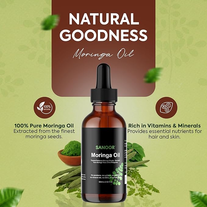 SANOOR Moringa Miracle Oil | FBA Approved | 100% Pure & Cold-Pressed | Deeply Hydrating Oil for Hair & Skin with Natural Nutrient-Rich Hair Butter for Strength & Shine | 2.02oz (60ml)