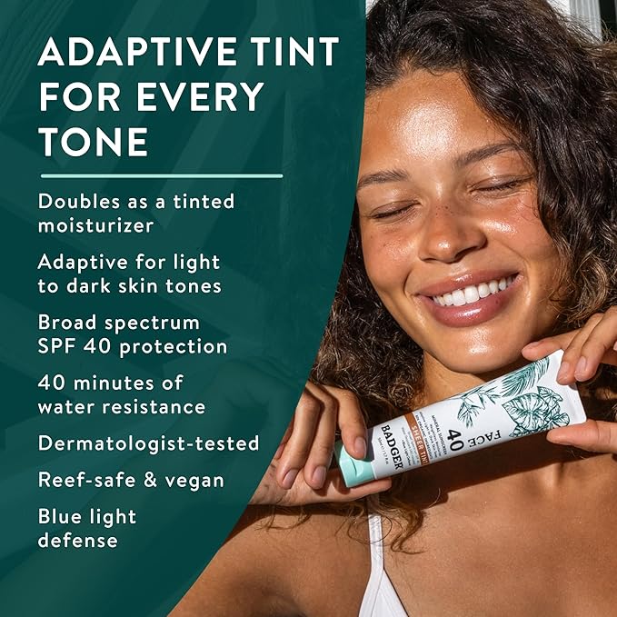 Badger Tinted Sunscreen for Face SPF 40, Lightweight Tinted Mineral Sunscreen w/Sheer Tint Warm Finish for Light or Dark Skin, No White Cast, 80% Organic, Vegan, Water Resistant, Unscented, 1.7 fl oz