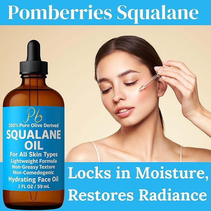 Pomberries Squalane Oil – 100% Plant-Derived, Lightweight & Fast-Absorbing, Squalane Oil for Face, Anti-Aging, Dry Skin, Hair & Body | Non-Greasy, Non-Comedogenic Moisturizer | 2 fl oz