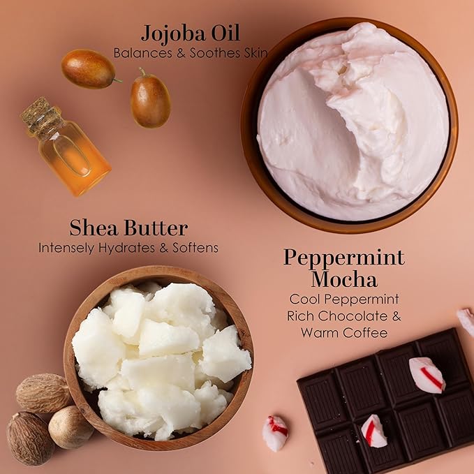 Peppermint Mocha Body Butter with Raw Shea Butter and Jojoba Oil, Full Body Moisturizer for Dry Skin, Hydrating Lotion for Women and Men