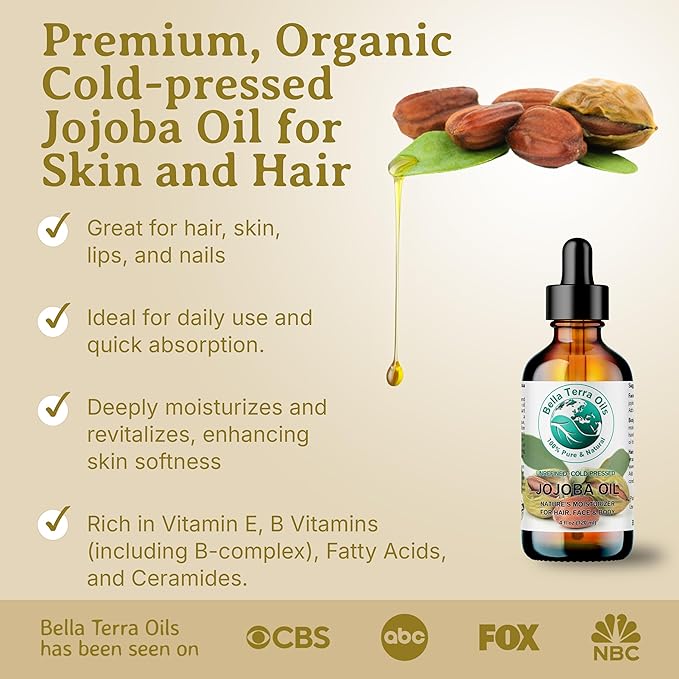 Bella Terra Oils - Organic Jojoba Oil 16 oz - Cold-Pressed Brilliance, Elevate Your Nail Oil Regimen with Vitamin-Rich Organic Jojoba Goodness