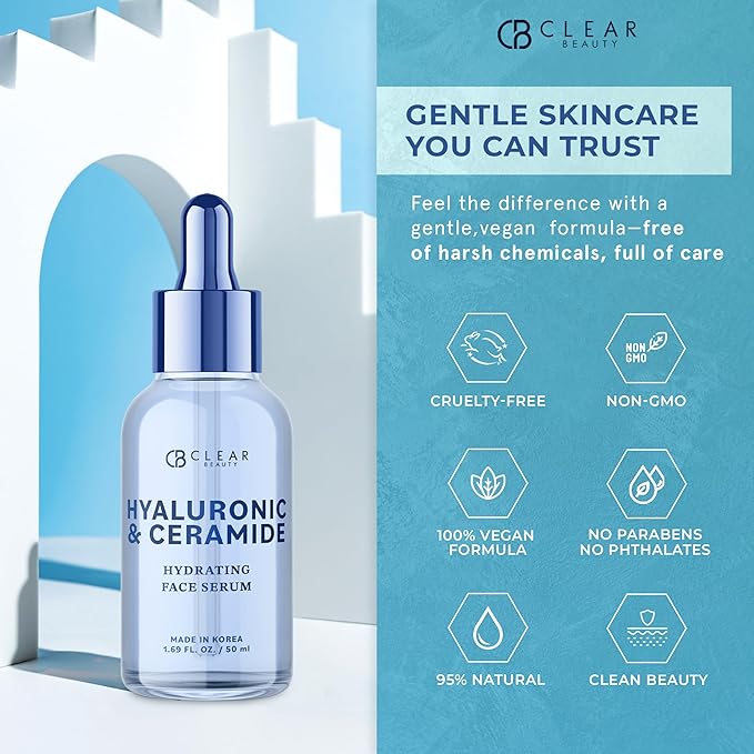Clear Beauty Ceramide & Hyaluronic Acid Serum for Face - Dermatologist Tested, Anti Aging Korean Skin Care - Deep Hydration, Plumps Fine Lines, Firms, Barrier Repair - Vegan, Clean Beauty- 1.69 Fl Oz