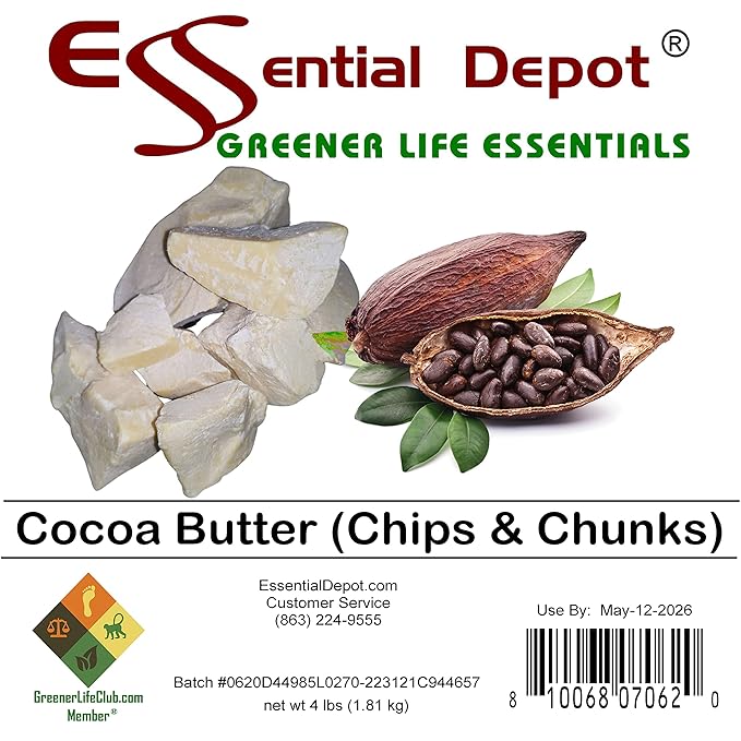 Cocoa Butter - chips/chunks - 4 lb - Kosher - Raw - Unrefined - Natural Cocoa Scent - Safety Sealed Wide Mouthed PP Container with Resealable Cap and Reattachable Handle - microwave-safe, freezer-safe