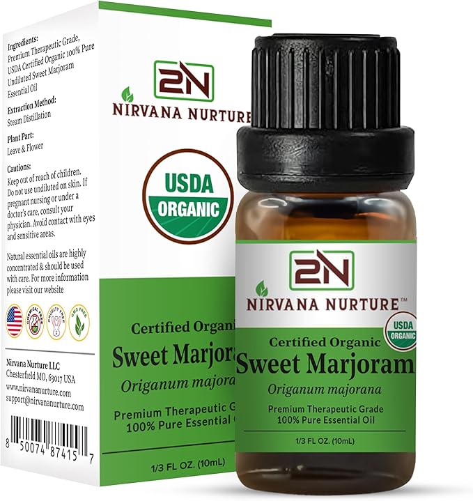 Sweet Marjoram Essential Oil, USDA Certified Organic, 100% Pure Undiluted, Aromatherapy Oil for Diffuser, Hair & Skin Care