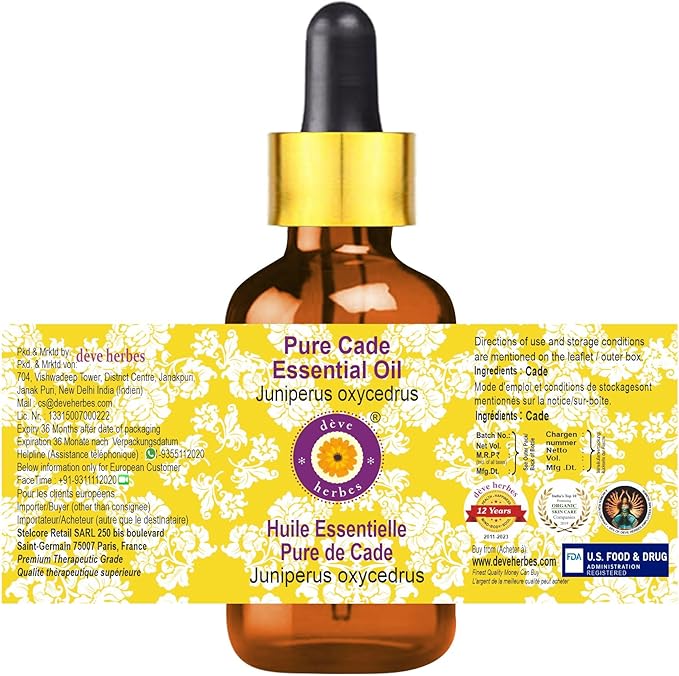 dève herbes Cade Essential Oil (Juniperus oxycedrus) with Glass Dropper | Pure | Non-Sticky | Non-Greasy | Lightweight | Men & Women | All Skin Types | Steam Distilled 50ml (1.69 oz)