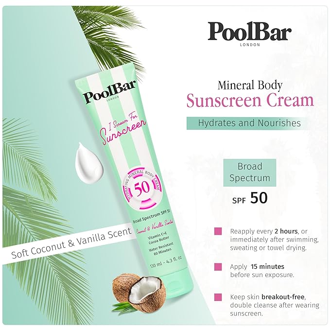 PoolBar SPF 50 Hydrating Mineral Body Sunscreen Cream for Women and Men Skin Care - Coconut Vanilla Scent Sun Care, Vegan and Water Resistant, Broad Spectrum Sunscreen, 130 ml (4.3 Fl. Oz)