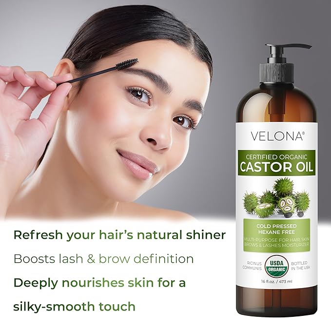 velona USDA Certified Organic Castor Oil - 32 fl oz | For Hair Growth, Boost Eyelashes, Eyebrows | Cold pressed, Natural Oil, USP Grade | Hexane Free, Lash Serum, Caster