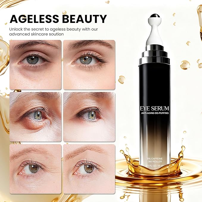 Eye Cream with 360° Massage Roller, 0.5 fl oz, Advanced Formula with Caffeine, Retinol, Peptides for Dark Circles, Puffiness, Anti-aging, Hyaluronic Acid, Green Tea