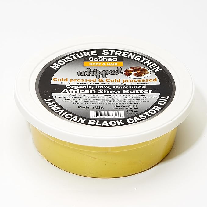 SoShea Whipped Shea Butter Jamaican Black Castor Oil - Nourishes, Moisturizes & Renews | 100% African Pure Shea Butter | No Dyes & Parabens | Vegan | 6.25oz / 177g