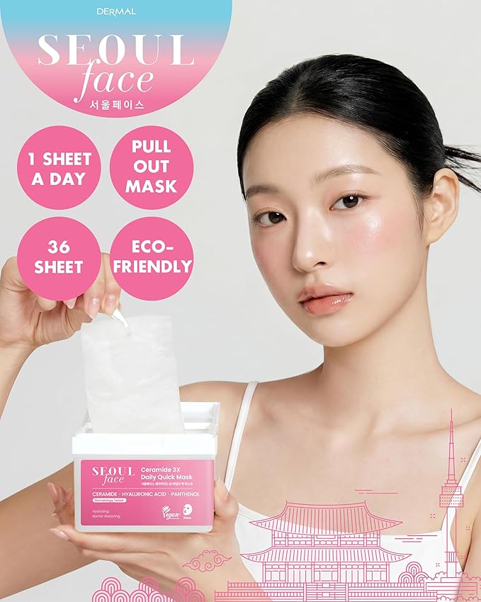 DERMAL Seoul Face Ceramide 5-Min Quick Sheet Mask 36 Count Bulk, Korean Morning Hydrating Pull-Out Dispenser with Tweezers, Skin Barrier Support Face Mask for Makeup Prep, Panthenol Vegan Tencel