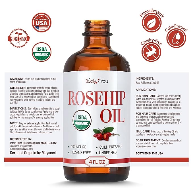 BodyJ4You Rosehip Oil for Face - 100% Pure Natural USDA Organic Cold Pressed - Hydrating Skin Hair Nails Anti-Aging Wrinkle Scar Treatment Gua Sha - Non-GMO Undiluted Carrier - Glass Bottle 4 Fl Oz