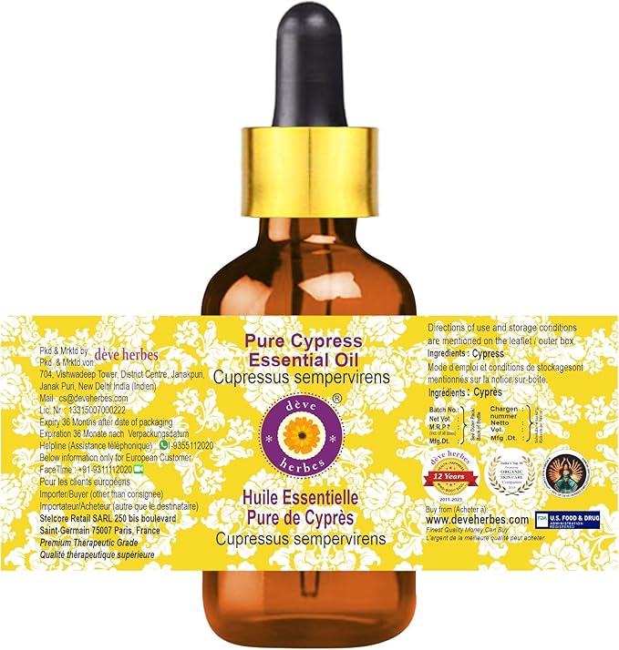 Deve Herbes Pure Cypress Essential Oil (Cupressus sempervirens) with Glass Dropper Steam Distilled 15ml (0.50 oz)