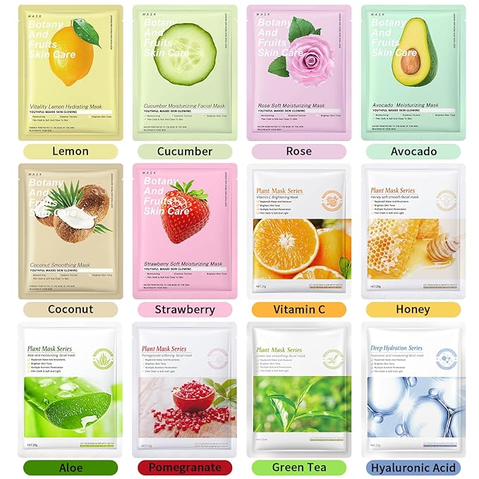 12 Pack Face Masks Skincare Sheet Face Masks for Teens Girls Women, Hydrating Face Mask, Face Mask Set Easter Basket Stuffers for Teens Girls Kids, Pamper Gifts for Women, Perfect for Sleepovers