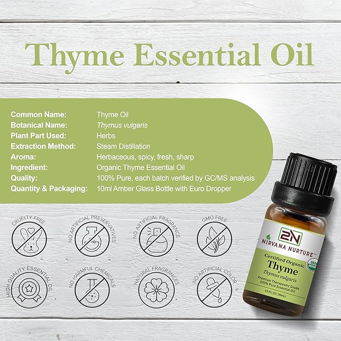 Thyme Essential Oil, USDA Certified Organic, 100% Pure Undiluted, Aromatherapy Oil for Diffuser, Hair & Skin Care