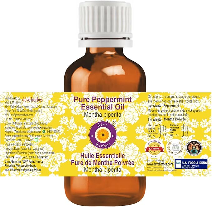 Deve herbes Pure Peppermint Essential Oil (Mentha piperita) Steam Distilled 50ml (1.69 oz)