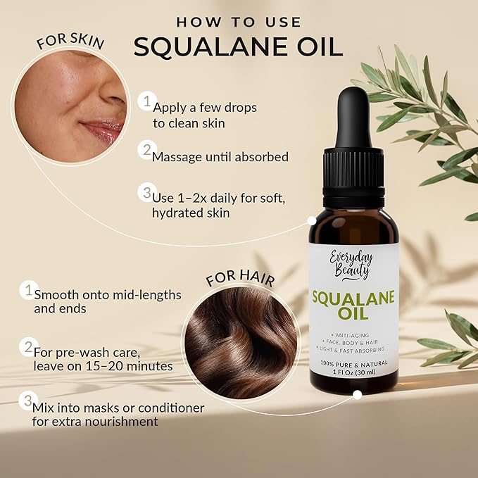 Squalane Oil - 100% Pure & Natural Plant Derived Facial Oil 1 Fl Oz Glass Bottle & Dropper - Cold Pressed and Unrefined Premium Grade Multipurpose Moisturizing Oil For Skin and Hair