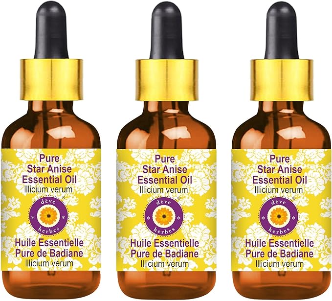 Deve Herbes Pure Star Anise Essential Oil (lllicium verum) with Glass Dropper Steam Distilled (Pack of Three) 100ml X 3 (10 oz)
