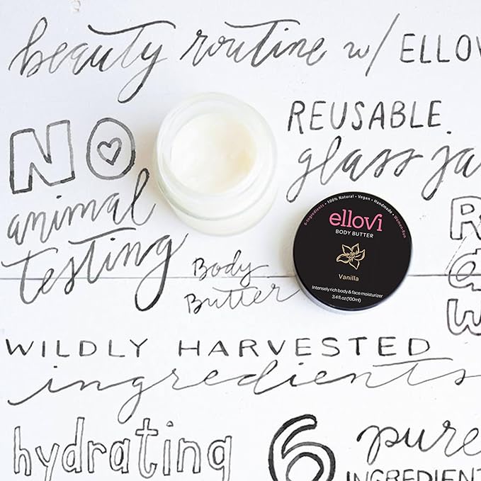 Ellovi All-Natural Body Butter - Vanilla - Pure Enough to Eat - Made With Just 6 Vegan Ingredients - Ultra-Rich 100% Plant-Based Hydrating Moisturizer For Naturally Healthy Skin (3.4 fl. oz/100ml)