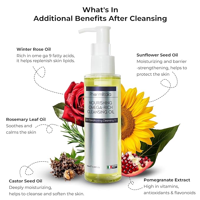 Pharmlitalia Cleansing Oil For Face, Makeup Remover Oil for Dry Skin, Double Cleanser for Sensitive Skin, Cold Pressed Omega Rich Facial Cleanser for Impurities with Castor and Chia Seed