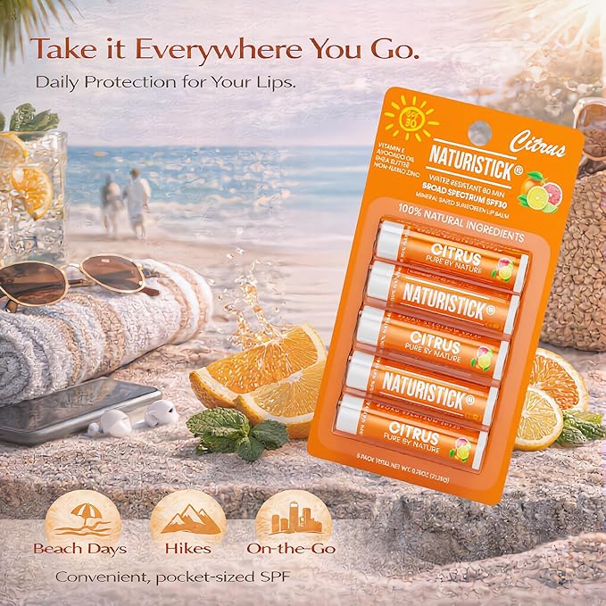 Naturistick UV Pro® Mineral SPF 30 Lip Balm – Citrus (5-Pack), Broad Spectrum Sun Protection