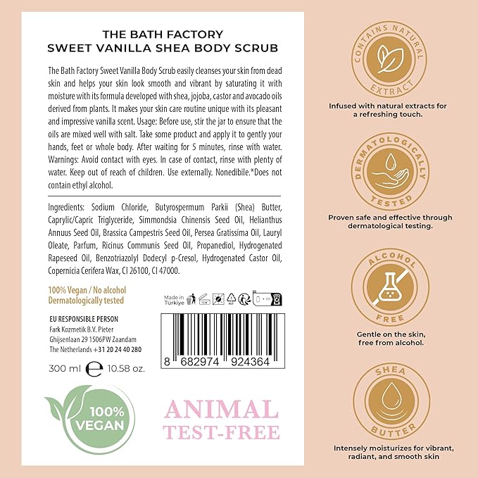 Body Scrub for Exfoliating with Moisturizing Shea Butter, Jojoba Oil, Avocado Oil, Vanilla Extract, Paste, All Skin Types, Unisex, 100% Vegan, Alcohol Free, 10.5 Fl Oz