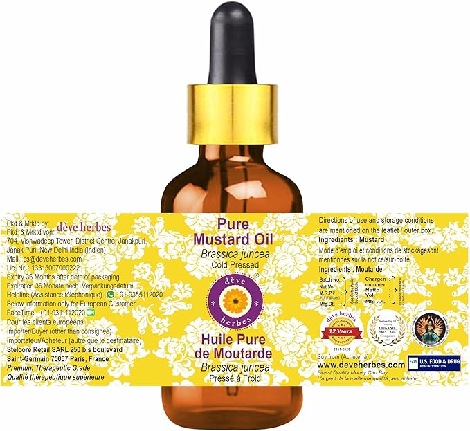 Deve Herbes Mustard Oil (Brassica juncea) with Glass Dropper | Cold Pressed | Pure | Natural | For Diluting Essential oils | Hair, Skin & Massage | Non-Sticky| Lightweight| Unisex | 10ml (0.33 oz)