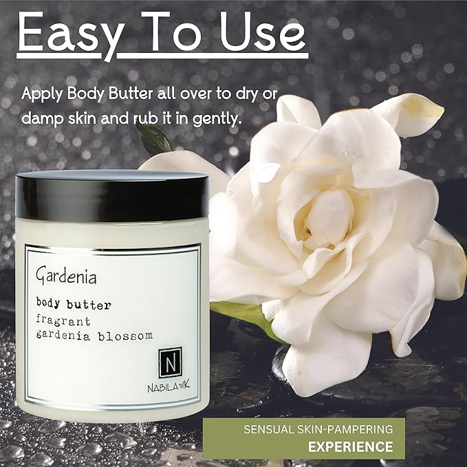 Nabila K Body Butter - Daily Moisturizer for Body Care - Skin Hydrating Deep Moisturizing - Natural Ingredients - Gardenia - 9 oz