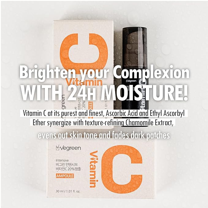 VEGREEN 20% Pure Vitamin C Ampoule for Face - Waterless Pure L-Ascorbic Acid & Chamomile for Sensitive Skin, Dark Spot Corrector, Brightening & Anti-Aging Korean Glass Skin Essence, 1.01 fl oz