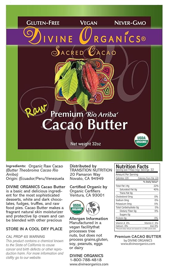 Divine Organics Raw Cacao Butter/Cocoa Butter - Certified Organic - Food Grade - Edible - Fragrant, Natural Skin Moisturizer (32 oz)
