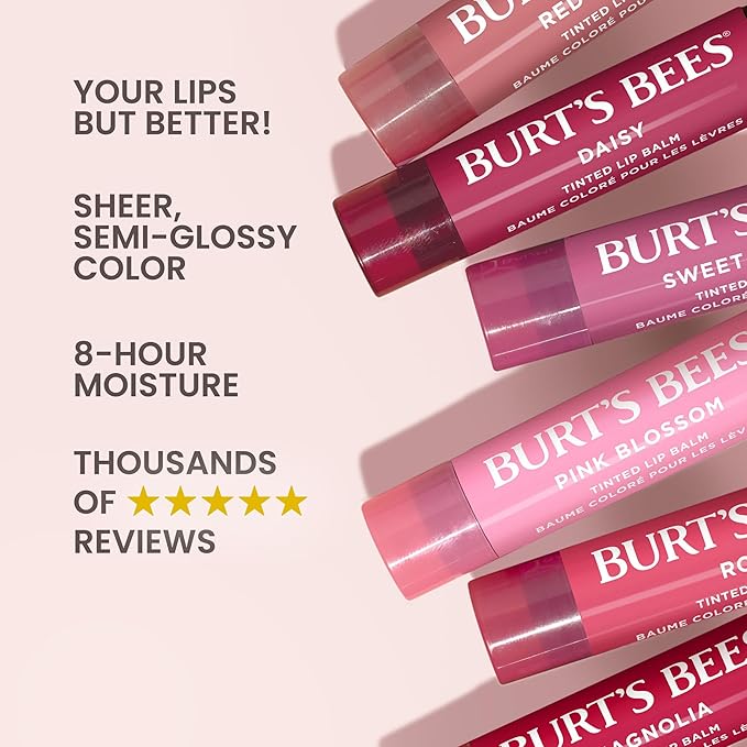 Burt’s Bees Tinted Lip Balm Pink Blossom; 8 Hour Moisture; Provides a Hint of Color; Nourishing Shea Butter; 100% Natural Origin; 1 Tube; 0.15 Oz. (Package May Vary)