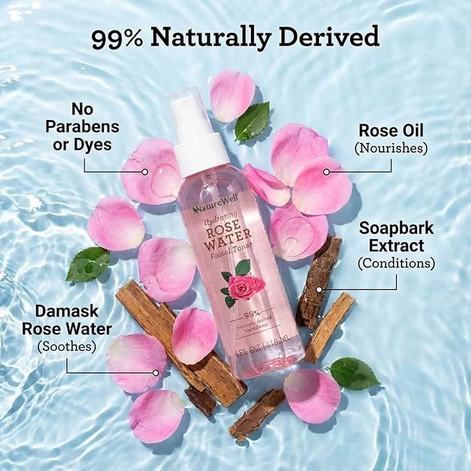 NATURE WELL Rose Water Hydrating Facial Toner Mist for Dewy & Radiant Skin, Refreshing, Conditioning, Soothing, Moisturizing, Perfect for Travel, 4 Fl Oz