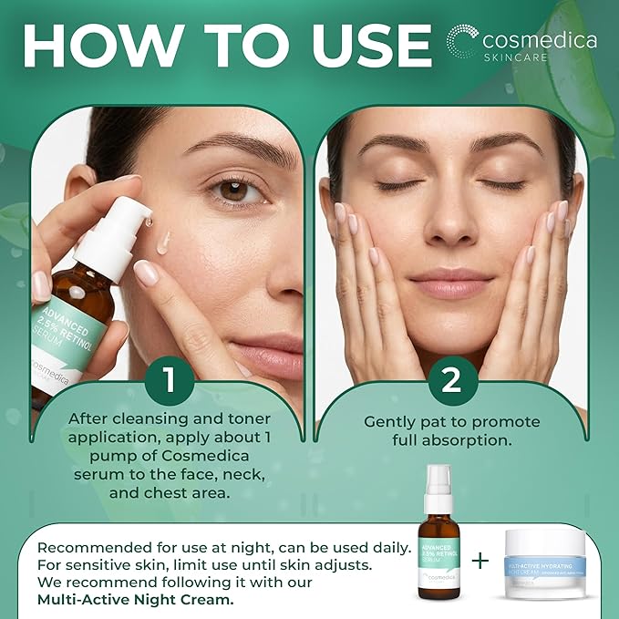 Cosmedica Skincare Retinol Serum 2.5% | Hydrating Vitamin A Serum with Green Tea Hyaluronic Acid Vitamin E | Non-Irritating Serum for Sensitive Skin Oily Skin | 1oz