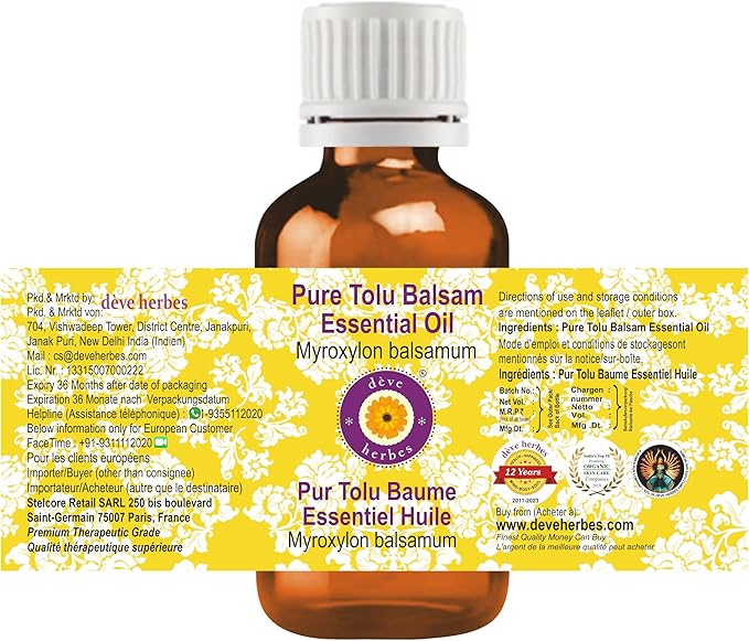 Deve Herbes Pure Tolu Balsam Essential Oil (Myroxylon balsamum) 100% Steam Distilled 15ml (0.50 oz)