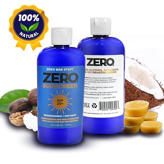 ZERO SPF 20 Natural Sunscreen, UVA/UVB Sunblock for Sport and Everyday Use, Coral Reef Friendly Sun Lotion, Made with 100% Natural Ingredients - Coconut Oil, Shea Butter, Zinc Oxide, Beeswax, 4.5oz