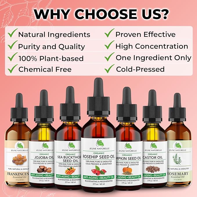 Jeune Naturelle Rosehip Oil - Pure, Virgin, Cold Pressed - From Whole Berries (Pulp & Seeds), Natural Deep Orange Hue for Intensive Skin Repair - Undiluted Organic Rosehip Seed Oil, 2 oz